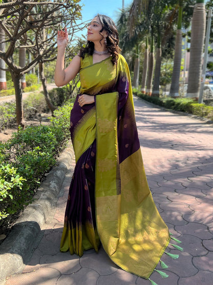 Rajwada Olive Woven Design Soft Silk Saree With Unstitched Blouse For Women