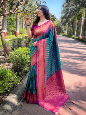 Rajwada Teal Woven Design Soft Silk Saree With Unstitched Blouse For Women