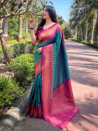 Rajwada Teal Woven Design Soft Silk Saree With Unstitched Blouse For Women