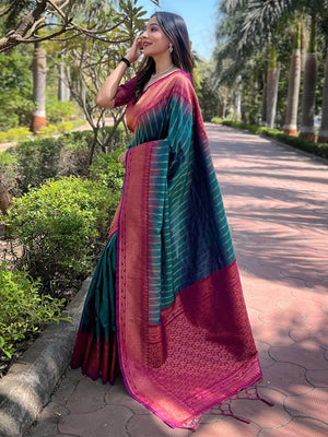 Rajwada Teal Woven Design Soft Silk Saree With Unstitched Blouse For Women