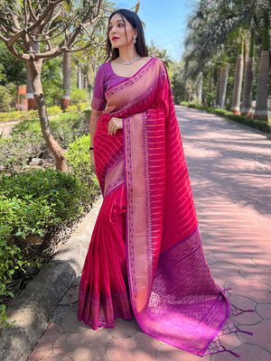 Rajwada Pink Woven Design Soft Silk Saree With Unstitched Blouse For Women