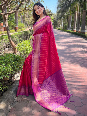 Rajwada Pink Woven Design Soft Silk Saree With Unstitched Blouse For Women