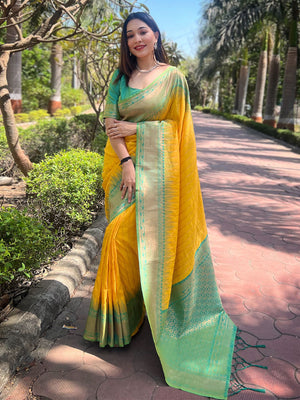 Rajwada Yellow Woven Design Soft Silk Saree With Unstitched Blouse For Women