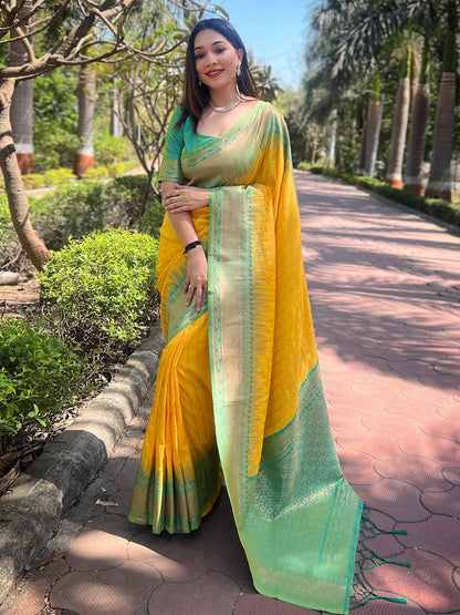 Rajwada Yellow Woven Design Soft Silk Saree With Unstitched Blouse For Women