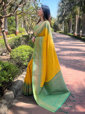 Rajwada Yellow Woven Design Soft Silk Saree With Unstitched Blouse For Women