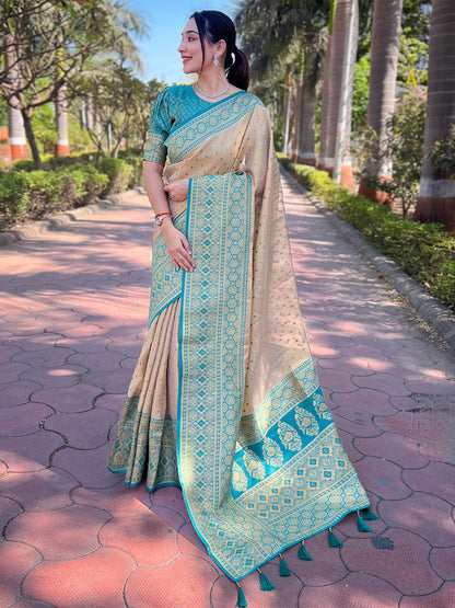 Rajwada Beige Woven Design Tissue Silk Saree With Unstitched Blouse For Women