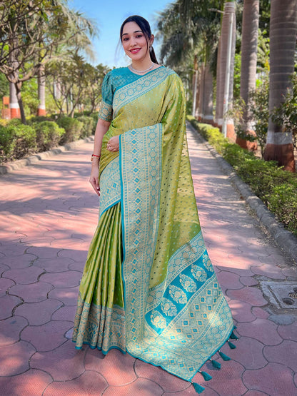 Rajwada Olive Woven Design Tissue Silk Saree With Unstitched Blouse For Women