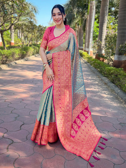 Rajwada Grey Woven Design Tissue Silk Saree With Unstitched Blouse For Women