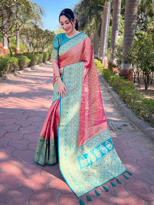 Rajwada Pink Woven Design Tissue Silk Saree With Unstitched Blouse For Women
