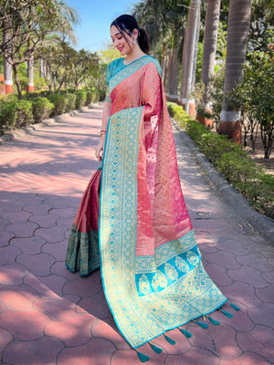 Rajwada Pink Woven Design Tissue Silk Saree With Unstitched Blouse For Women
