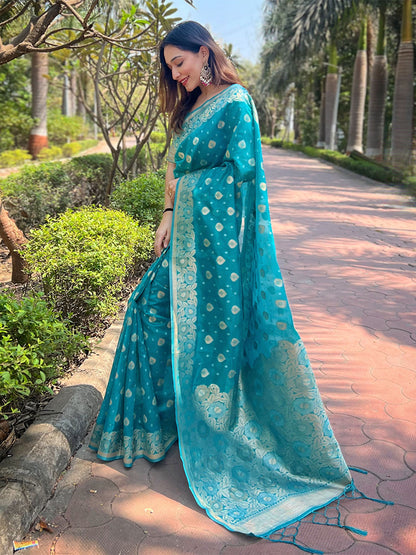 Rajwada Blue Woven Design Organza Saree With Unstitched Blouse For Women