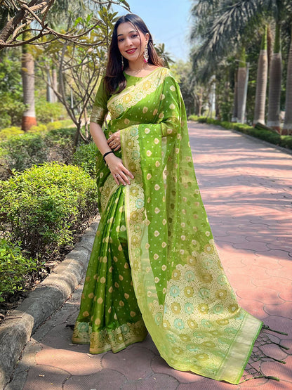 Rajwada Olive Woven Design Organza Saree With Unstitched Blouse For Women