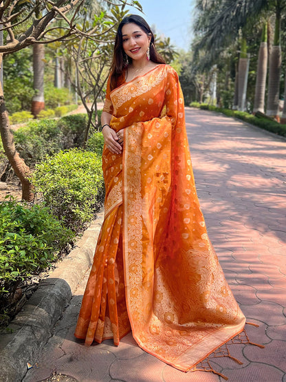 Rajwada Orange Woven Design Organza Saree With Unstitched Blouse For Women