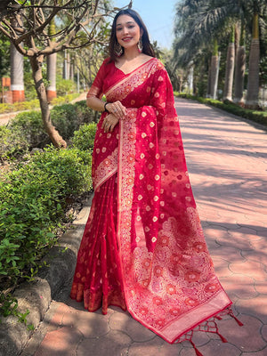 Rajwada Red Woven Design Organza Saree With Unstitched Blouse For Women