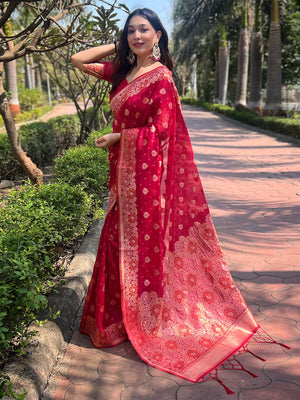 Rajwada Red Woven Design Organza Saree With Unstitched Blouse For Women
