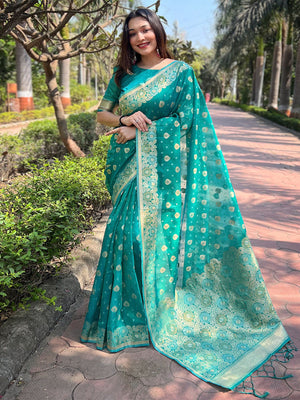 Rajwada Teal Woven Design Organza Saree With Unstitched Blouse For Women