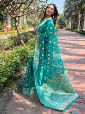 Rajwada Teal Woven Design Organza Saree With Unstitched Blouse For Women