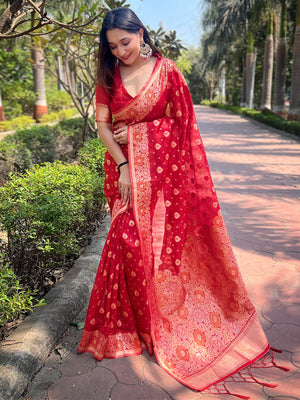 Rajwada Red Woven Design Organza Saree With Unstitched Blouse For Women