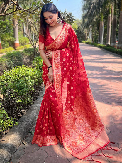 Rajwada Red Woven Design Organza Saree With Unstitched Blouse For Women