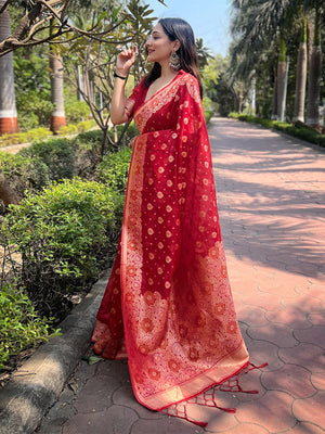 Rajwada Red Woven Design Organza Saree With Unstitched Blouse For Women