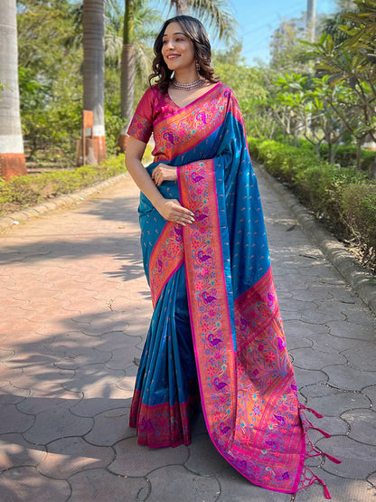 Rajwada Blue Woven Design Silk Blend Saree With Unstitched Blouse For Women