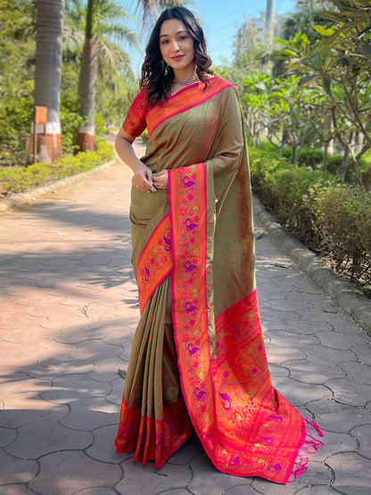 Rajwada Olive Woven Design Silk Blend Saree With Unstitched Blouse For Women