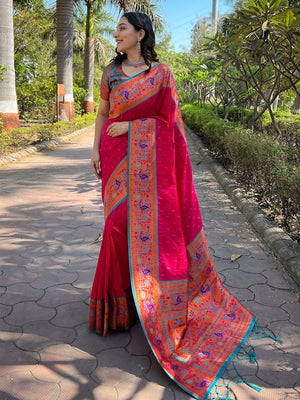 Rajwada Pink Woven Design Silk Blend Saree With Unstitched Blouse For Women