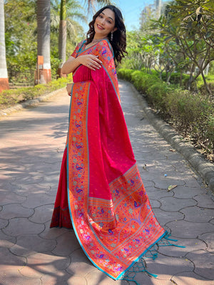 Rajwada Pink Woven Design Silk Blend Saree With Unstitched Blouse For Women