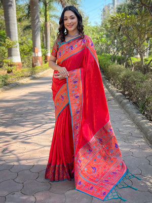 Rajwada Red Woven Design Silk Blend Saree With Unstitched Blouse For Women