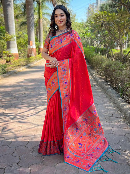 Rajwada Red Woven Design Silk Blend Saree With Unstitched Blouse For Women