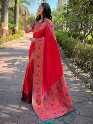 Rajwada Red Woven Design Silk Blend Saree With Unstitched Blouse For Women