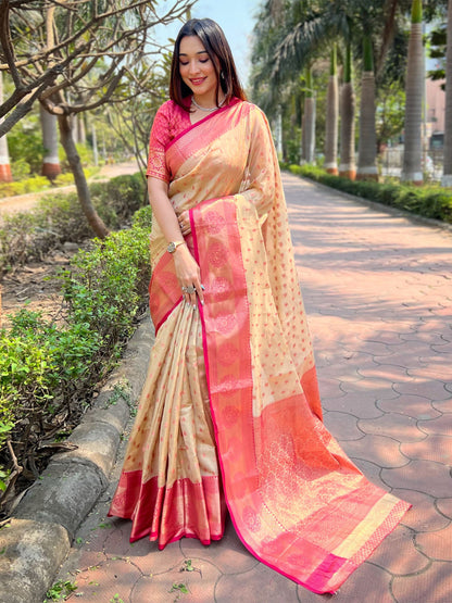 Rajwada Beige Woven Design Tissue Silk Saree With Unstitched Blouse For Women