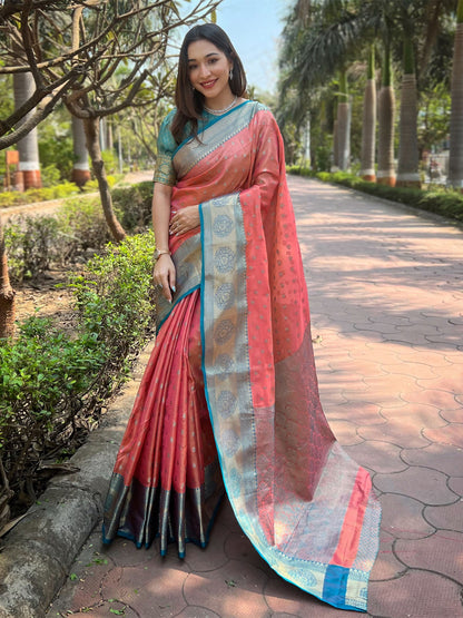 Rajwada Peach Woven Design Tissue Silk Saree With Unstitched Blouse For Women