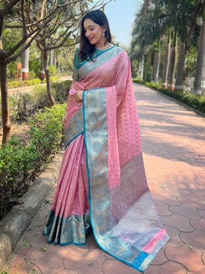 Rajwada Pink Woven Design Tissue Silk Saree With Unstitched Blouse For Women
