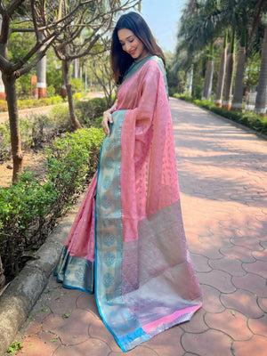Rajwada Pink Woven Design Tissue Silk Saree With Unstitched Blouse For Women