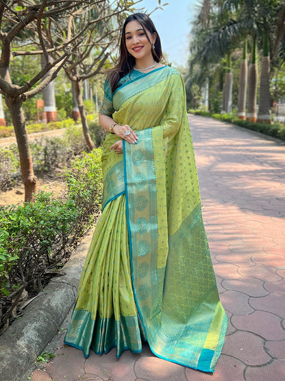 Rajwada Olive Woven Design Tissue Silk Saree With Unstitched Blouse For Women