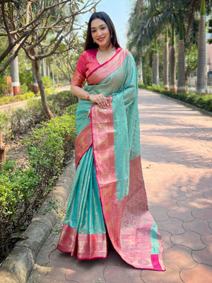 Rajwada Teal Woven Design Tissue Silk Saree With Unstitched Blouse For Women