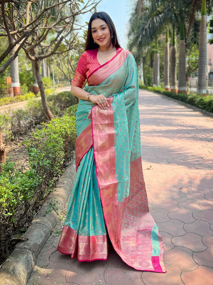 Rajwada Teal Woven Design Tissue Silk Saree With Unstitched Blouse For Women