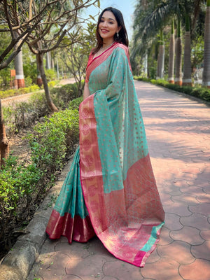 Rajwada Teal Woven Design Tissue Silk Saree With Unstitched Blouse For Women