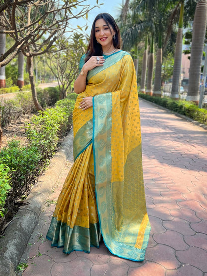Rajwada Mustard Woven Design Tissue Silk Saree With Unstitched Blouse For Women