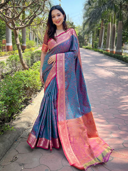 Rajwada Navy Blue Woven Design Silk Blend Saree With Unstitched Blouse For Women