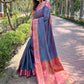 Rajwada Navy Blue Woven Design Silk Blend Saree With Unstitched Blouse For Women