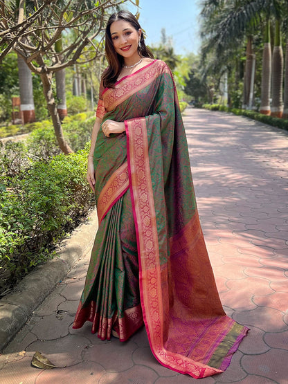 Rajwada Green Woven Design Silk Blend Saree With Unstitched Blouse For Women