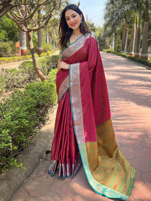 Rajwada Pink Woven Design Silk Blend Saree With Unstitched Blouse For Women