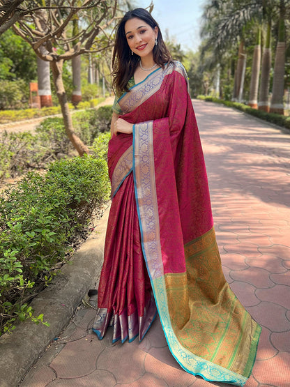 Rajwada Pink Woven Design Silk Blend Saree With Unstitched Blouse For Women