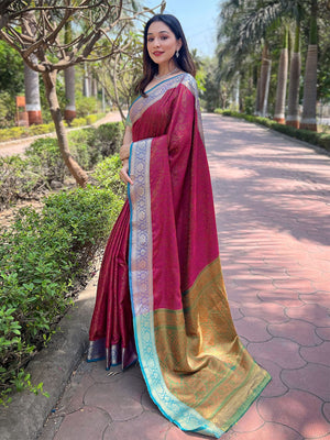 Rajwada Pink Woven Design Silk Blend Saree With Unstitched Blouse For Women