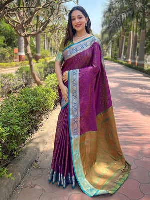 Rajwada Purple Woven Design Silk Blend Saree With Unstitched Blouse For Women
