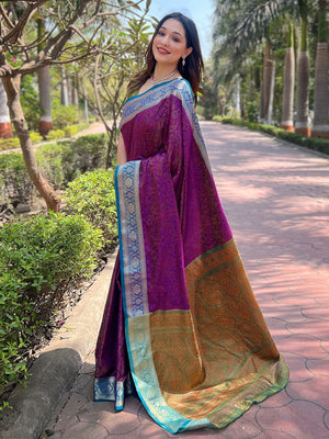 Rajwada Purple Woven Design Silk Blend Saree With Unstitched Blouse For Women