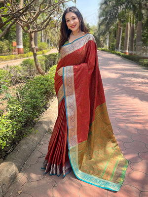 Rajwada Red Woven Design Silk Blend Saree With Unstitched Blouse For Women