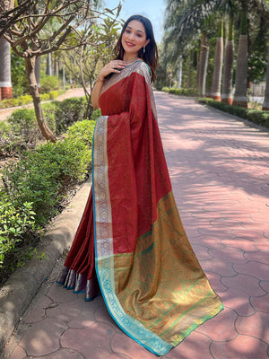 Rajwada Red Woven Design Silk Blend Saree With Unstitched Blouse For Women